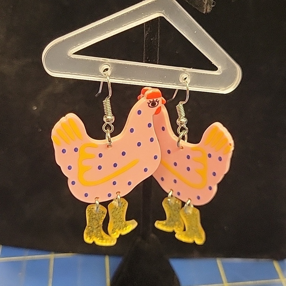 Chicken in Glitter Rainboots 2" Earrings